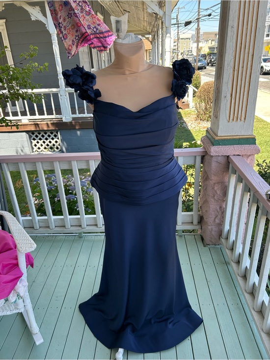 Mon Cheri Dresses & Skirts - Mon Cheri Navy Evening Gown with Floral Shoulder Accents